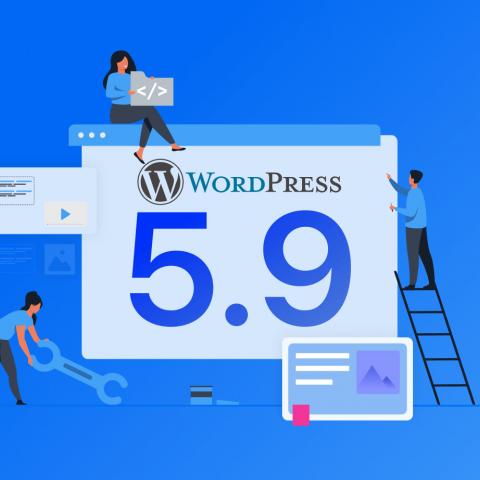 Dibujo de WordPress 5.9 siendo construído y mantenido por varias personas sobre fondo azul
