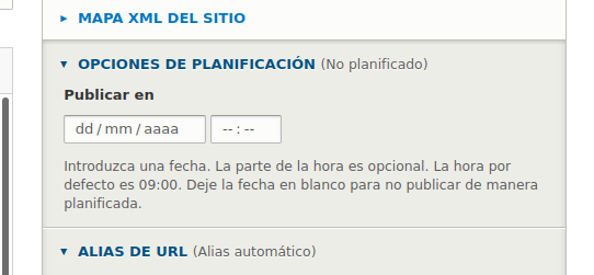 Pestaña de opciones del módulo Scheduler para Drupal