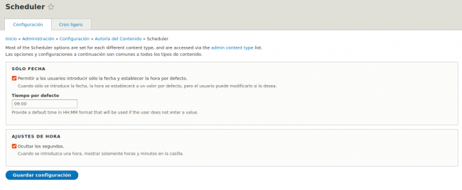 Pantalla de configuración global del módulo Scheduler para Drupal