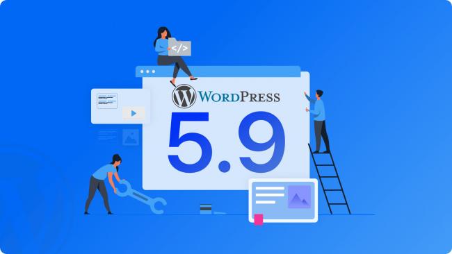 Dibujo de WordPress 5.9 siendo construído y mantenido por varias personas sobre fondo azul