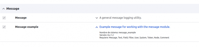 Pantalla de desactivación del módulo de Drupal Message Example