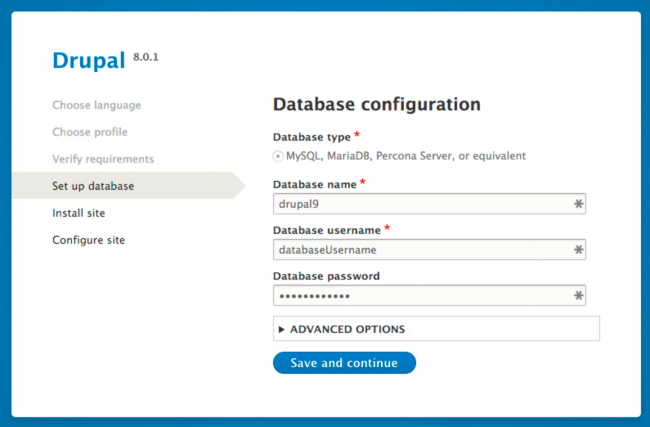Datos de configuración de Base de Datos en la instalación de Drupal